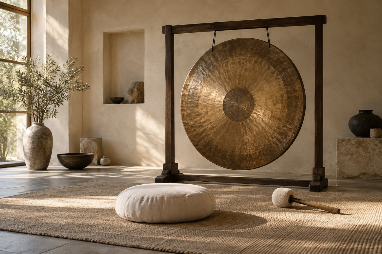 Hand-hammered bronze gong in a warm, tranquil meditation space