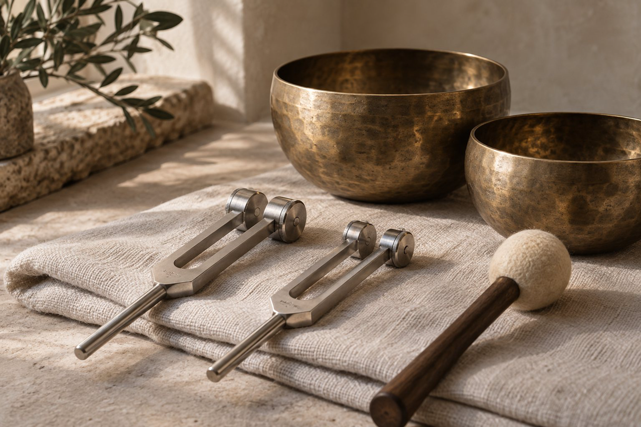 Weighted tuning forks beside hammered bronze Tibetan singing bowls